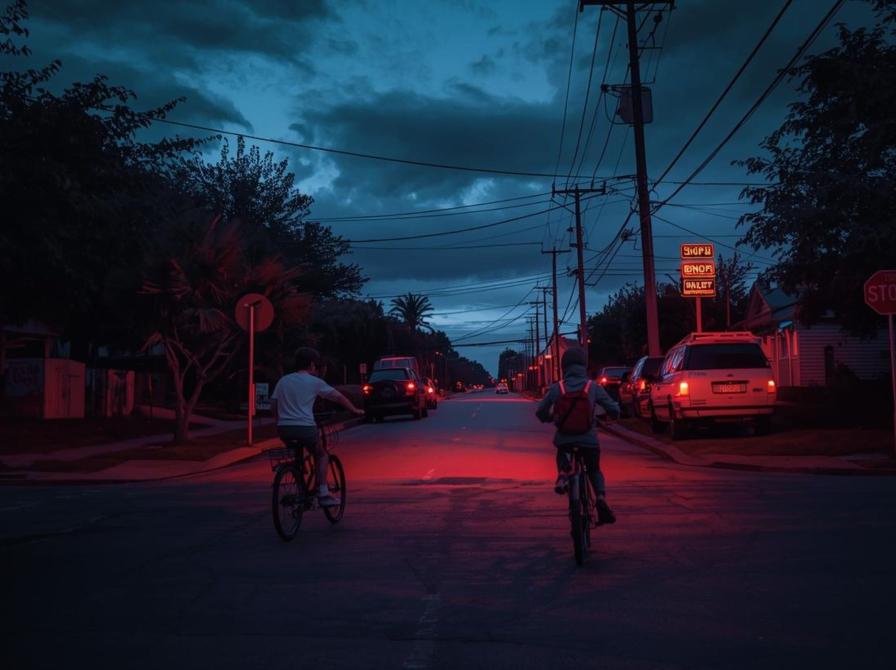 To drenge, der cykler om aftenen på en rødt-oplyst vej